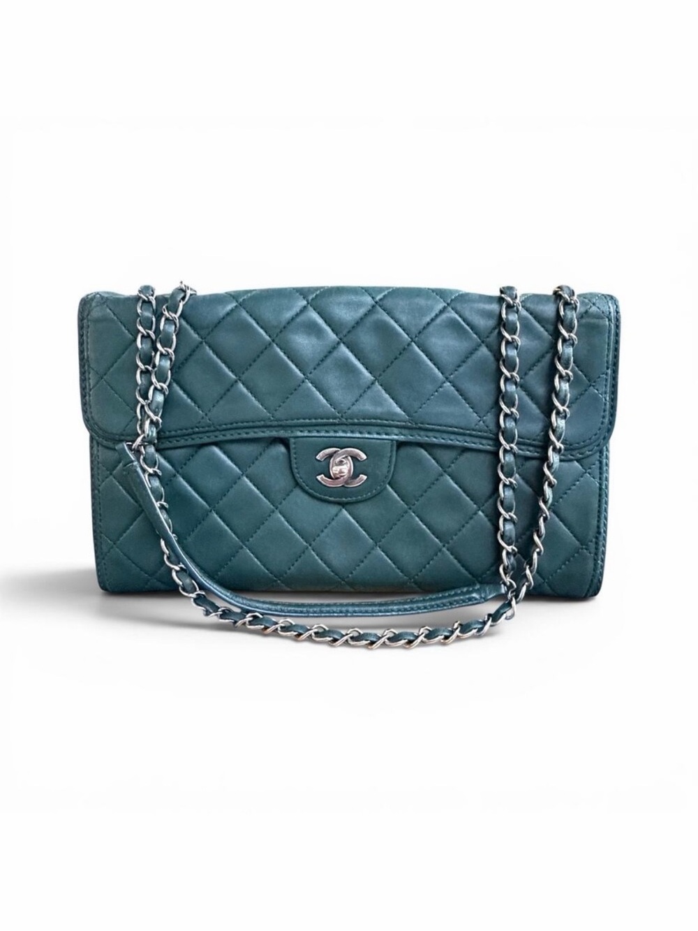 Chanel Jumbo Flap Bag in Dark Green Lambskin w Accordion & Silver Hardware - COA